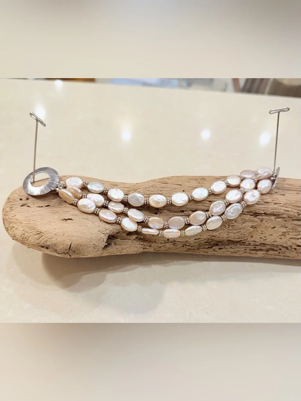 Triple Strand Freshwater Coin Pearl Bracelet 7” Blush Pink Artisan Toggle
